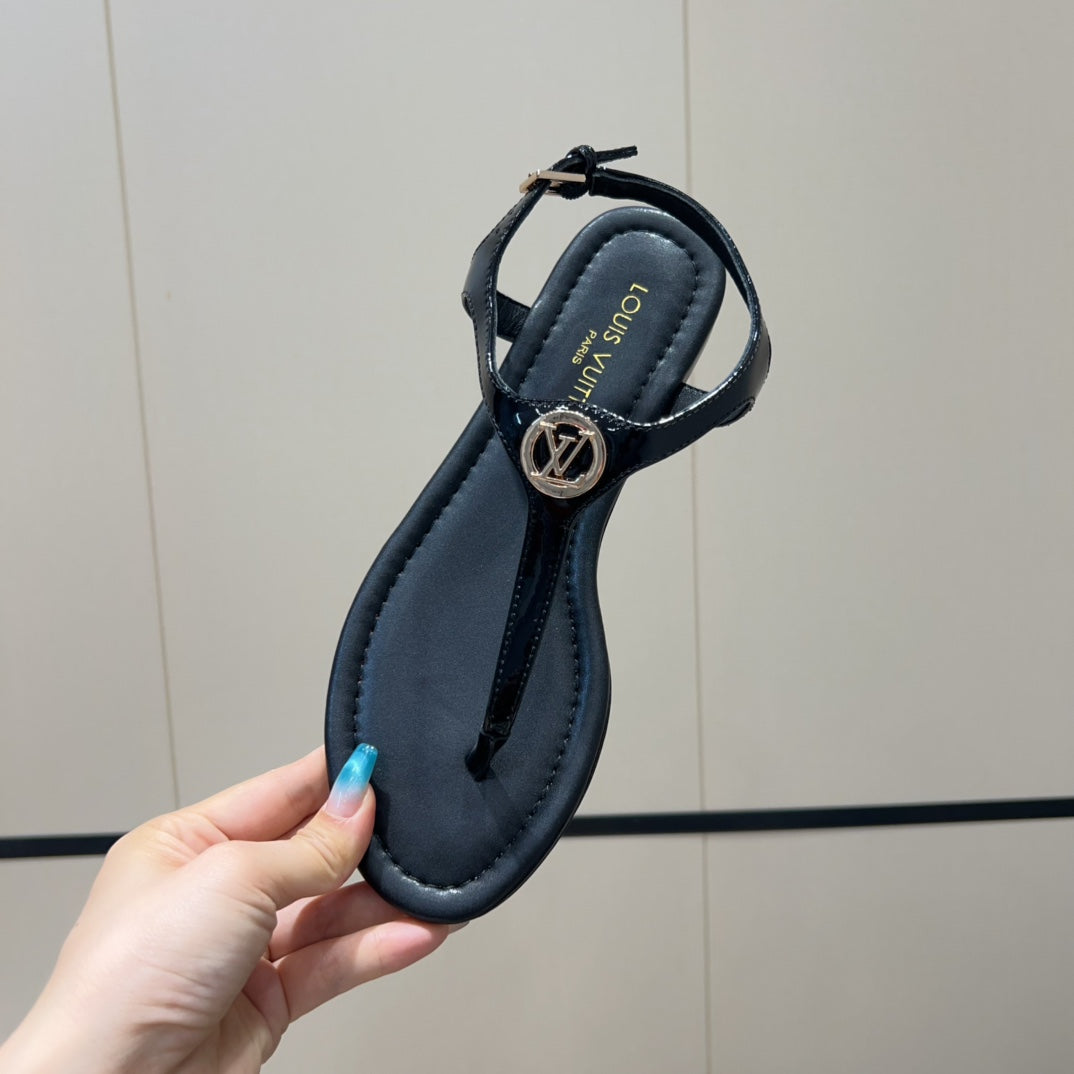 LV THONG SANDALS 25S IN BLACK CALFSKIN WITH GOLD HARDWARE、mysite、Cacoeks