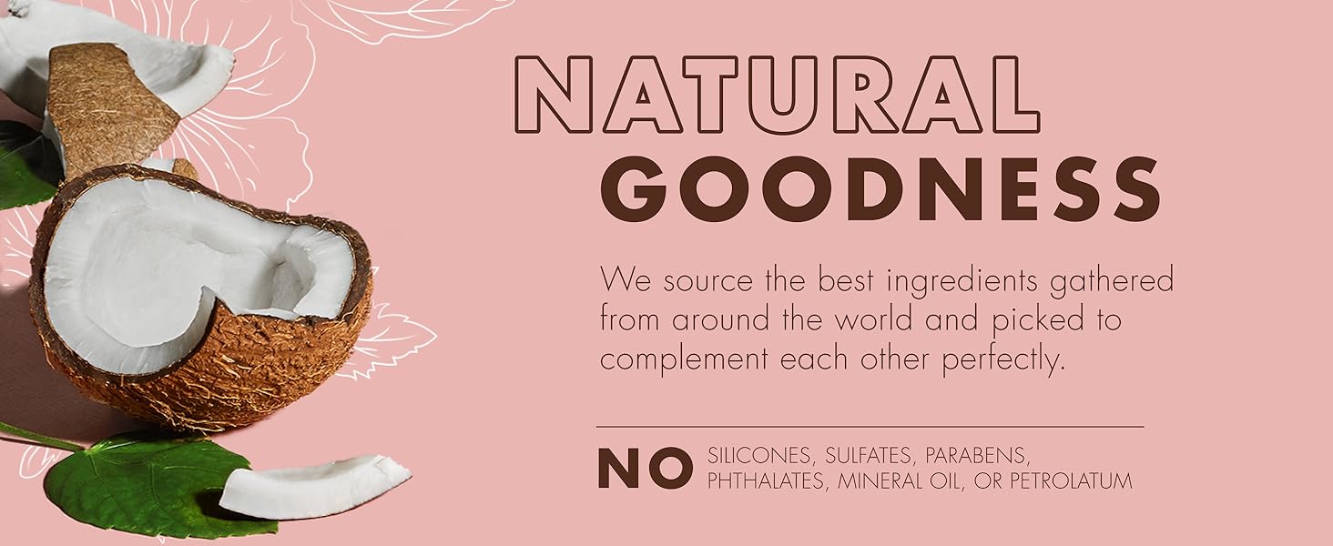 Coconut pieces and white hibiscus flower illustrations on light pink background with text.