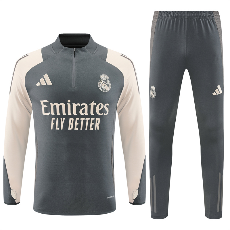 JerseysGala.com | Real Madrid 24-25 Long Sleeve Training Set - Deep Grey -Customize Name, Number and Patch | Worldwide Shipping
