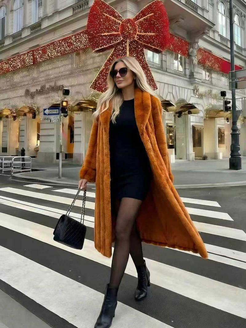 Women's Faux Fur Coat, Autumn Winter Fashionable Long Sleeve Jacket, Elegant Thick Retro Loose Fit Medium-Length Outerwear