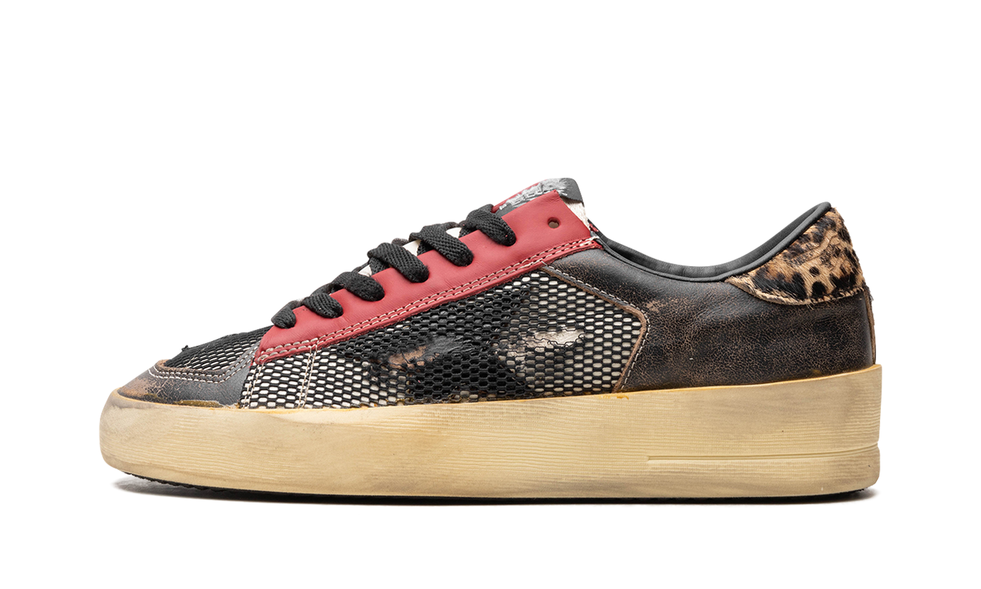 STARDAN NET AND VINTAGE LEATHER UPPER NYLON TONGUE VINTAGE LEATHER STAR LEOPARD HORSY HEEL "BLACK RED LEOPARD BROWN"、mysite、Cacoeks