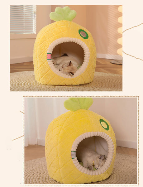 Cat Bed Yellow Pineapple Shape House Soft Plush Cat Cave Nest