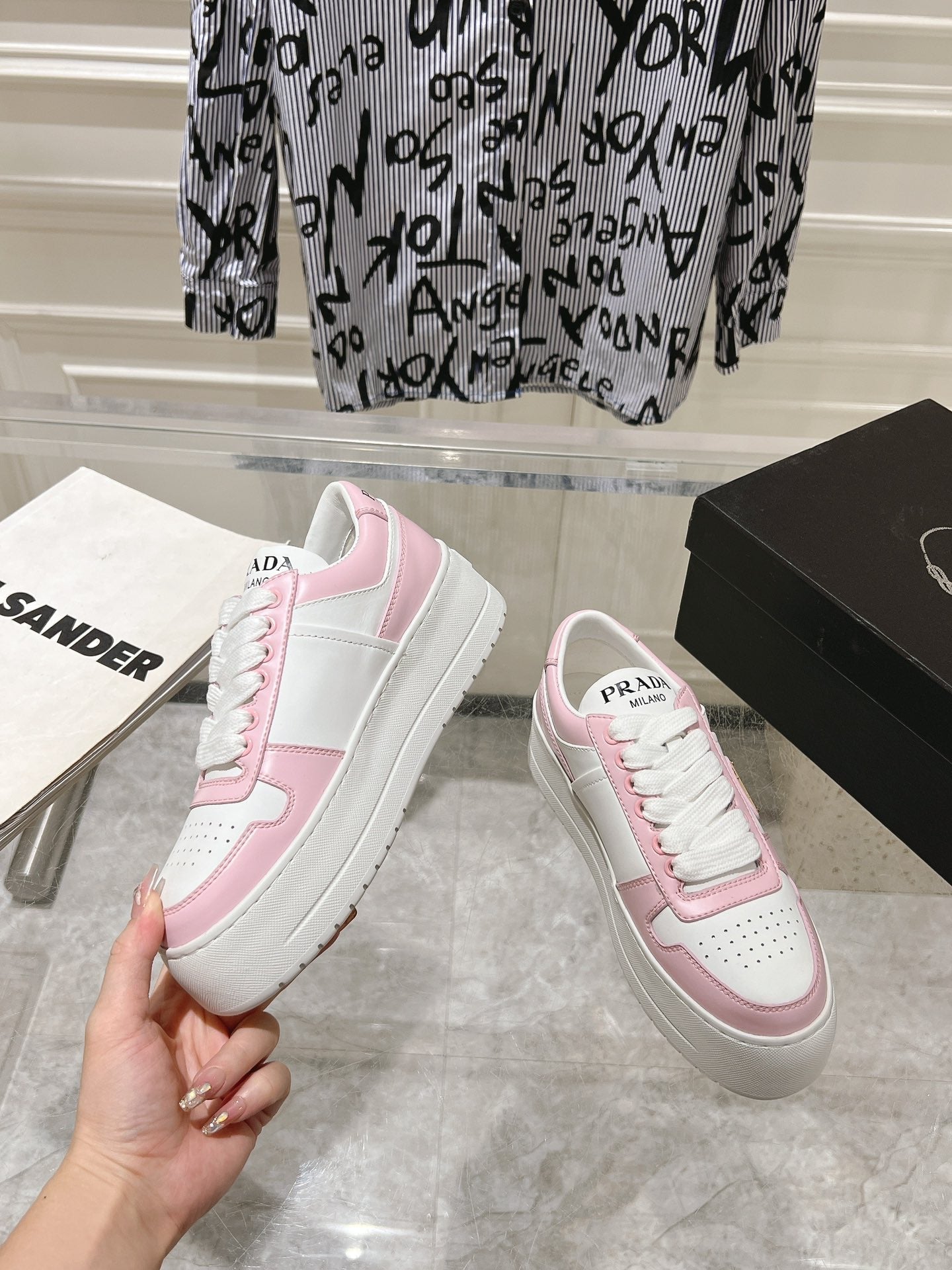 PRA DOWNTOWN BOLD SNEAKERS WHITE AND LIGHT PINK CALFSKIN、mysite、Cacoeks