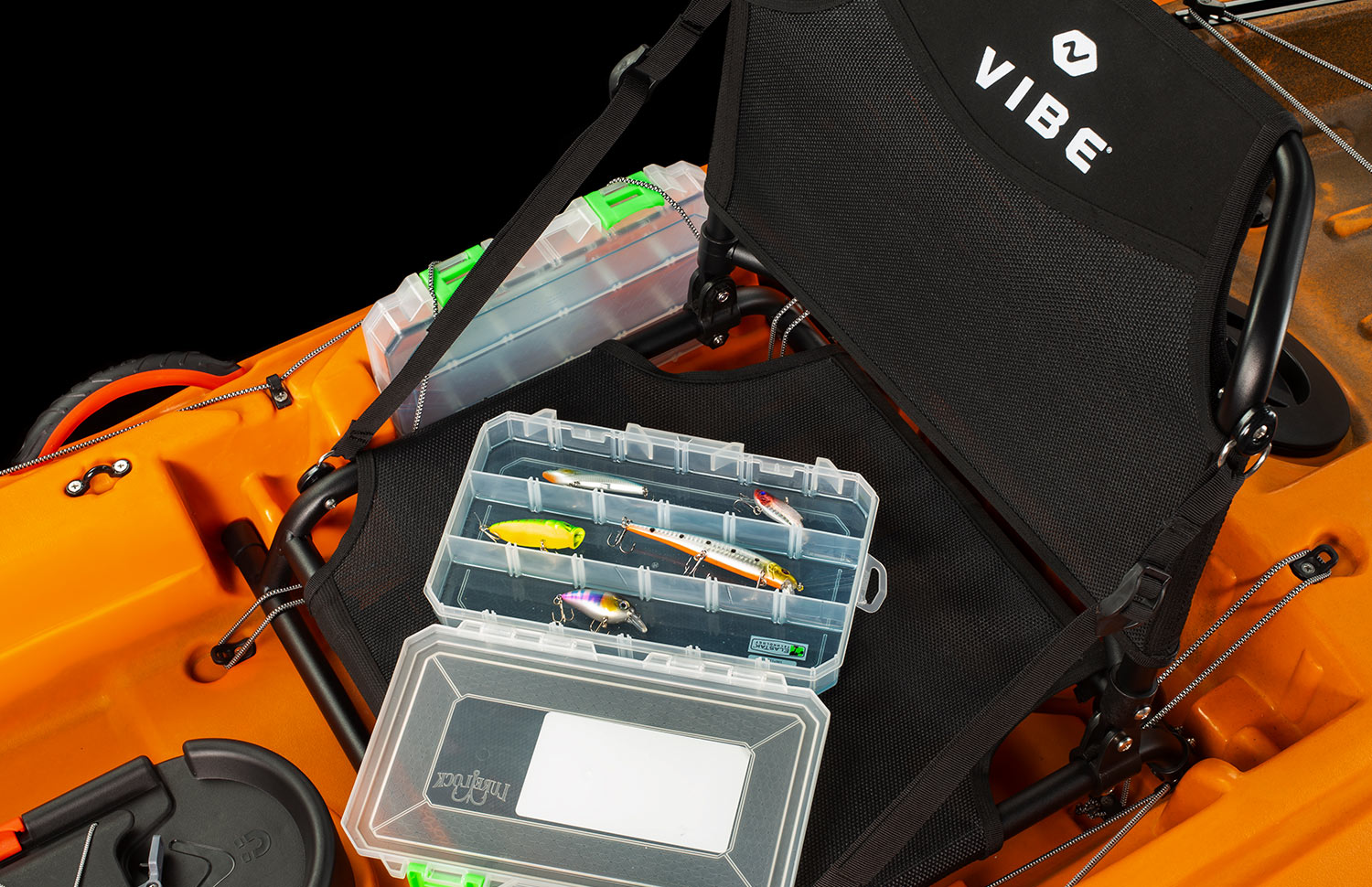 Plano 3600 tackle tray in Sea Ghost tackle tray slot Tackle tray storage on Vibe Sea Ghost 110 kayak