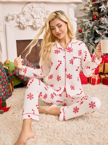 Women's Snowflake Cane Christmas Print Pajama Set, Long Sleeve Sleepwear, Comfortable Nightwear, All Seasons, Perfect Gift