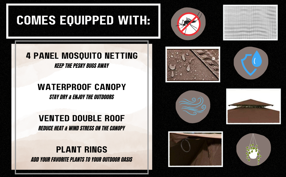 Comes Equipped With: Mosquito Netting, Waterproof Canopy, Vented Double Roof, Plant Rings