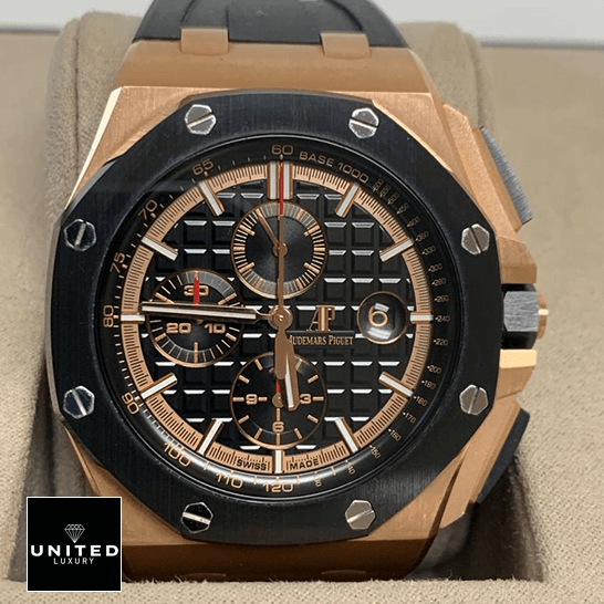 Rose Gold AP Watch Replica audemarspiguet royaloakoffshore 26401RO.OO .A002CA.02 front 1 Audemars Piguet Royal Oak Gold Black Bezel Replica in the box