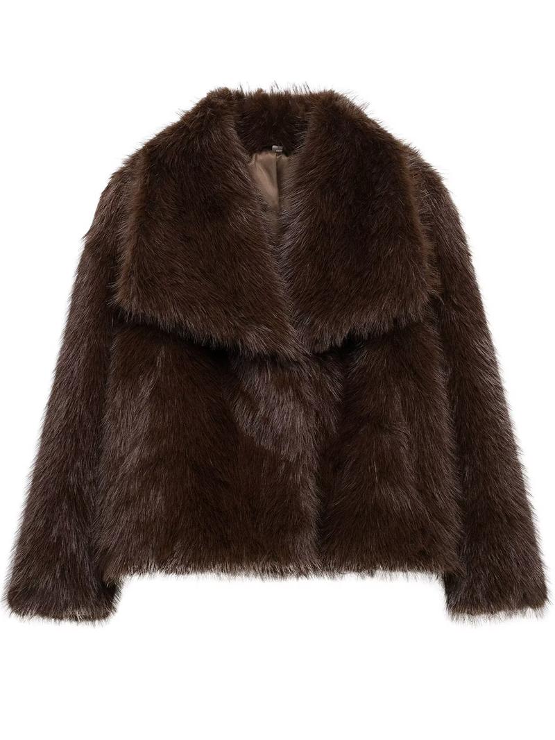 Women's Solid Color Faux Fur Fuzzy Jacket, Casual Elegant Long Sleeve Collared Fuzzy Coat for Fall & Winter, Women's Clothing for Daily Wear, Cute Tops