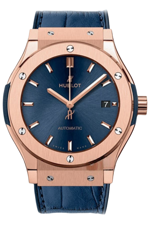 Hublot Classic Fusion Ref. 511.OX.7180.LR Super Clone Watch – King Gold Blue Dial Leather Strap Fake Replica