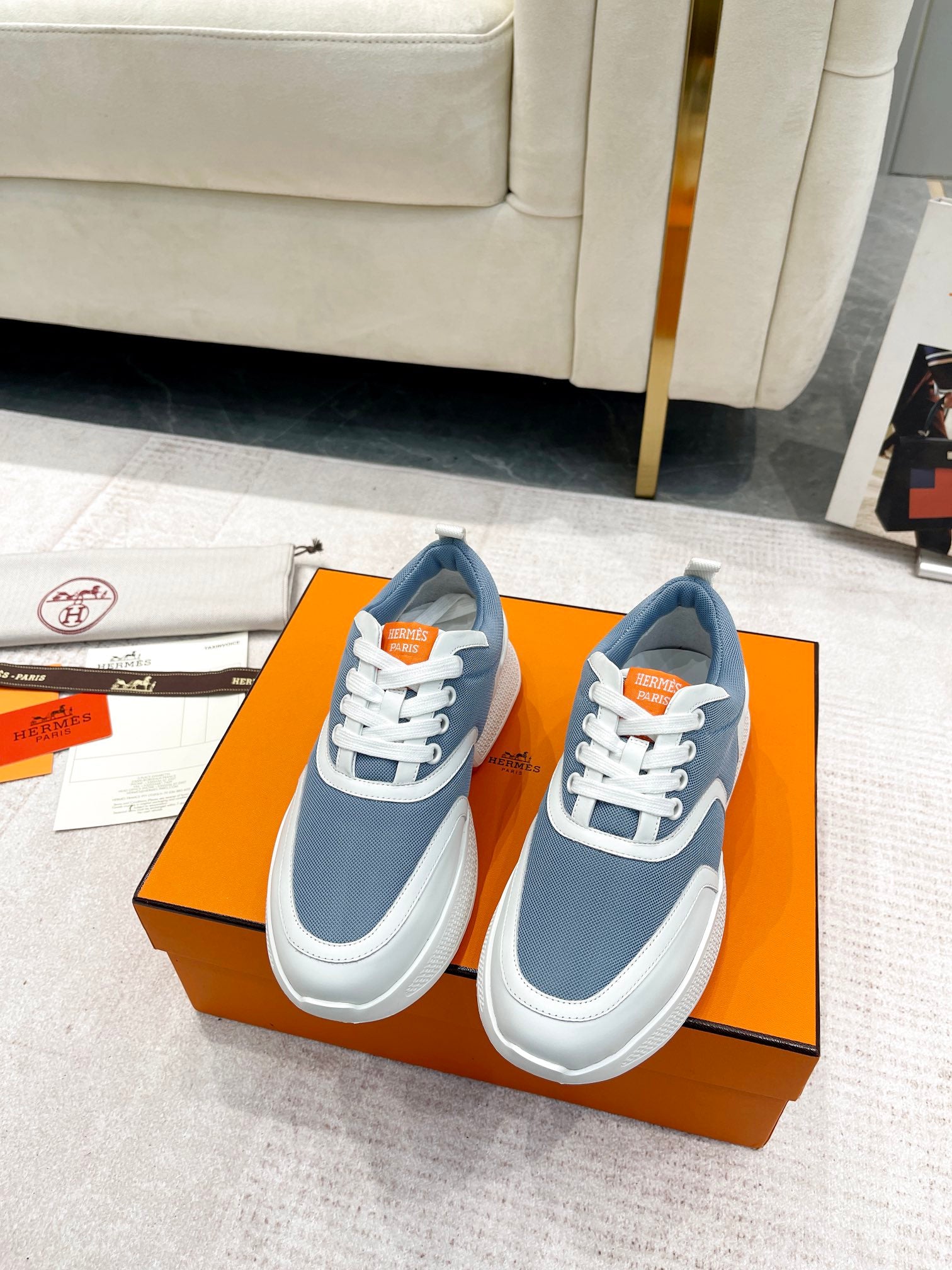 GIGA SNEAKER IN AEGEAN BLUE STITCHED MESH AND WHITE CALFSKIN、mysite、Cacoeks