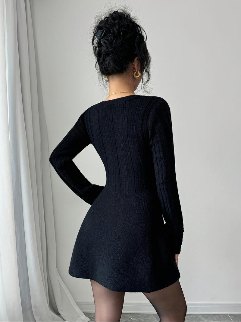 Women’s New V Neck Knitted Dress with Button Details, Long Sleeve Short Waist A-Line Skirt for Casual and Stylish Looks