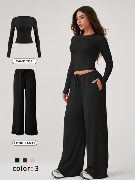 Two Piece Set Women's Home Clothing Set Soft and Skin Friendly Long Sleeved T-shirt Loose and Wide Leg Pants with Adjustable Drawstring Daily Leisure Travel Airport Travel Home Wear Women's Pajamas Set, Womenswear