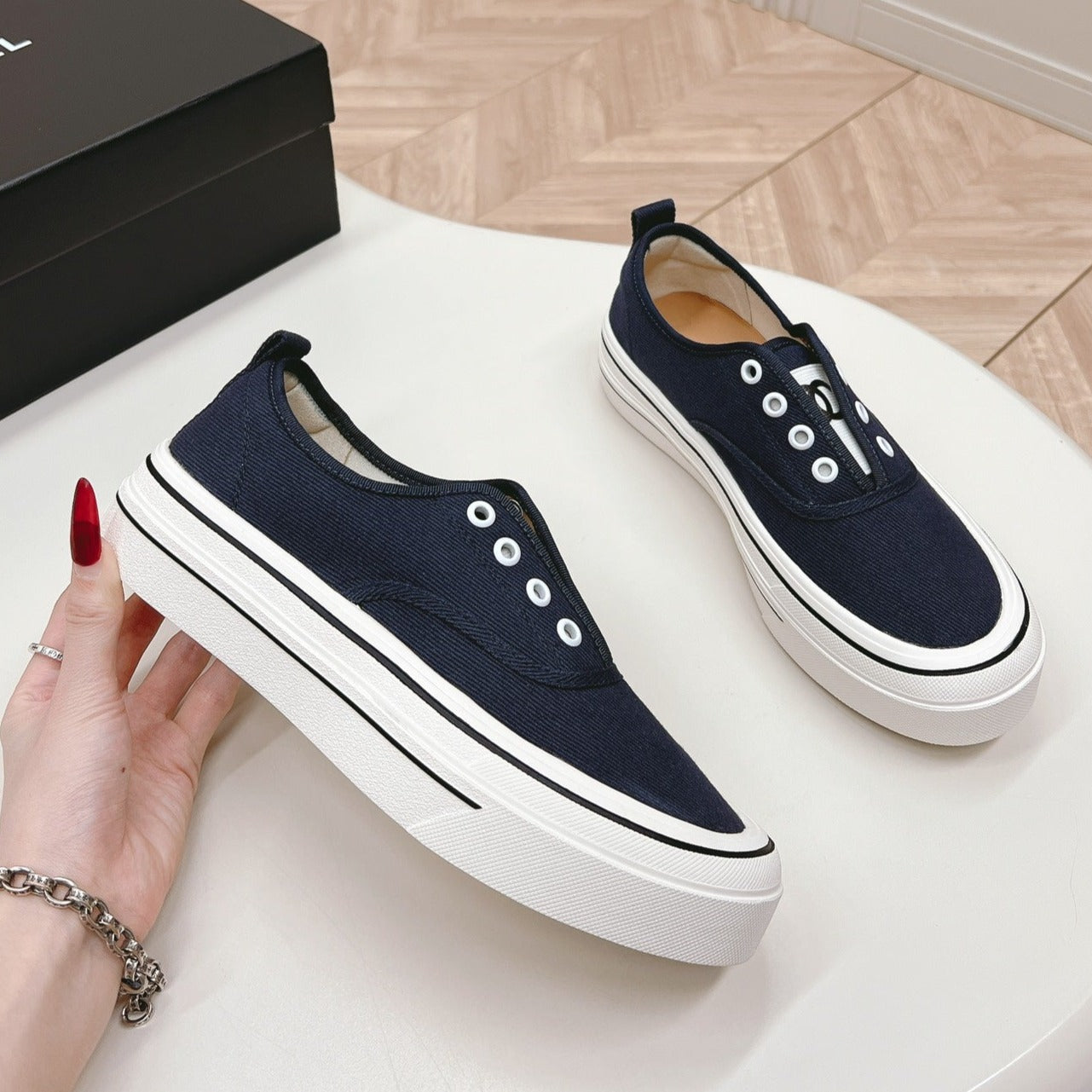 Double C Platform Biscuit Shoes Fabric Navy Blue、mysite、Cacoeks