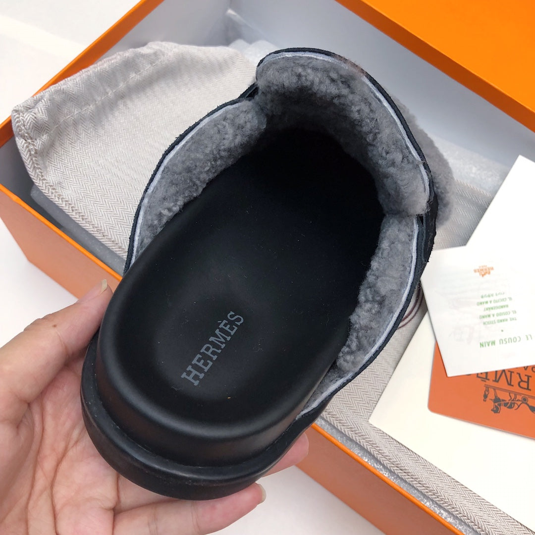 GO MULE IN BLACK SUEDE ATTACH LIGHT GRAY FLEECE、mysite、Cacoeks