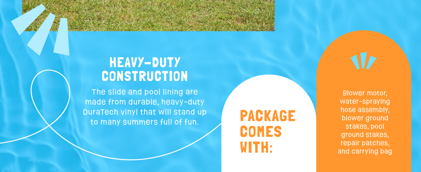 Information about the inflatable water-slide bounce house. Text reads: Heavy-duty construction.