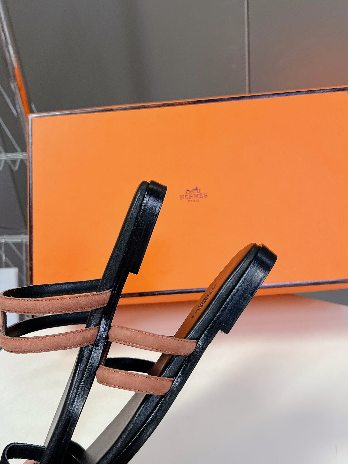 Georgia Sandals Peach Suede Black Calfskin、mysite、Cacoeks