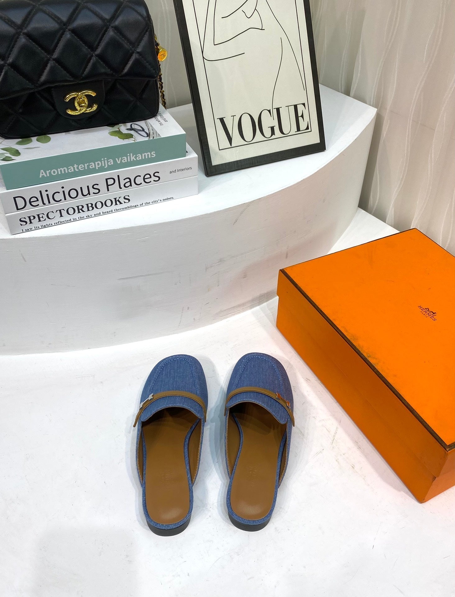 IENA MULE LAPIS CANVAS AND CARAMEL CALFSKIN、mysite、Cacoeks