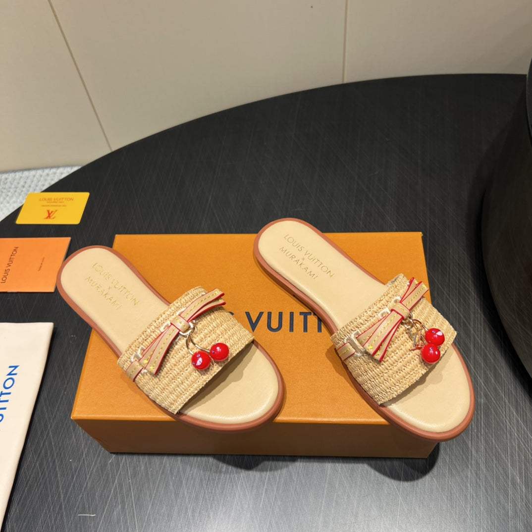 LV SLIDE SANDALS 25S IN BEIGE RAFFIA AND CALFSKIN WITH CHERRY BLOSSOM BUCKLE、mysite、Cacoeks