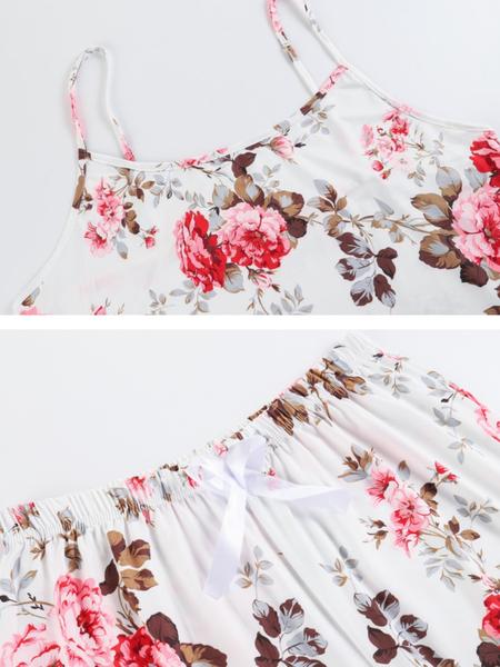 【Plus Size】 Three-Piece Set Floral Print Belted Lounge Robe & Cami Top & Elastic Waist Pants Pyjama Set, Elegant Comfy Drop Shoulder Long Sleeve Robe & Sleeveless Top & Bow Decor Trousers PJ Set, Women's Sleepwear for Spring & Fall, Pajamas