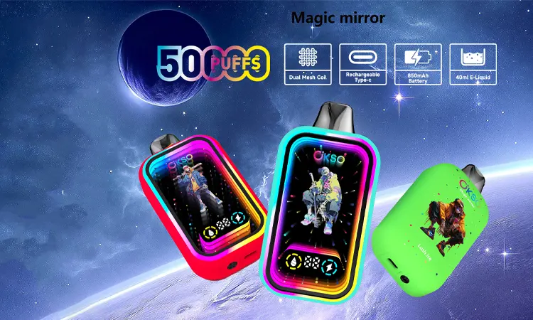 OKSO Magic Mirror 50K disposable vape with 50,000 puffs, dual mesh coil, LED display, 2% nicotine and Type-C rechargeable battery