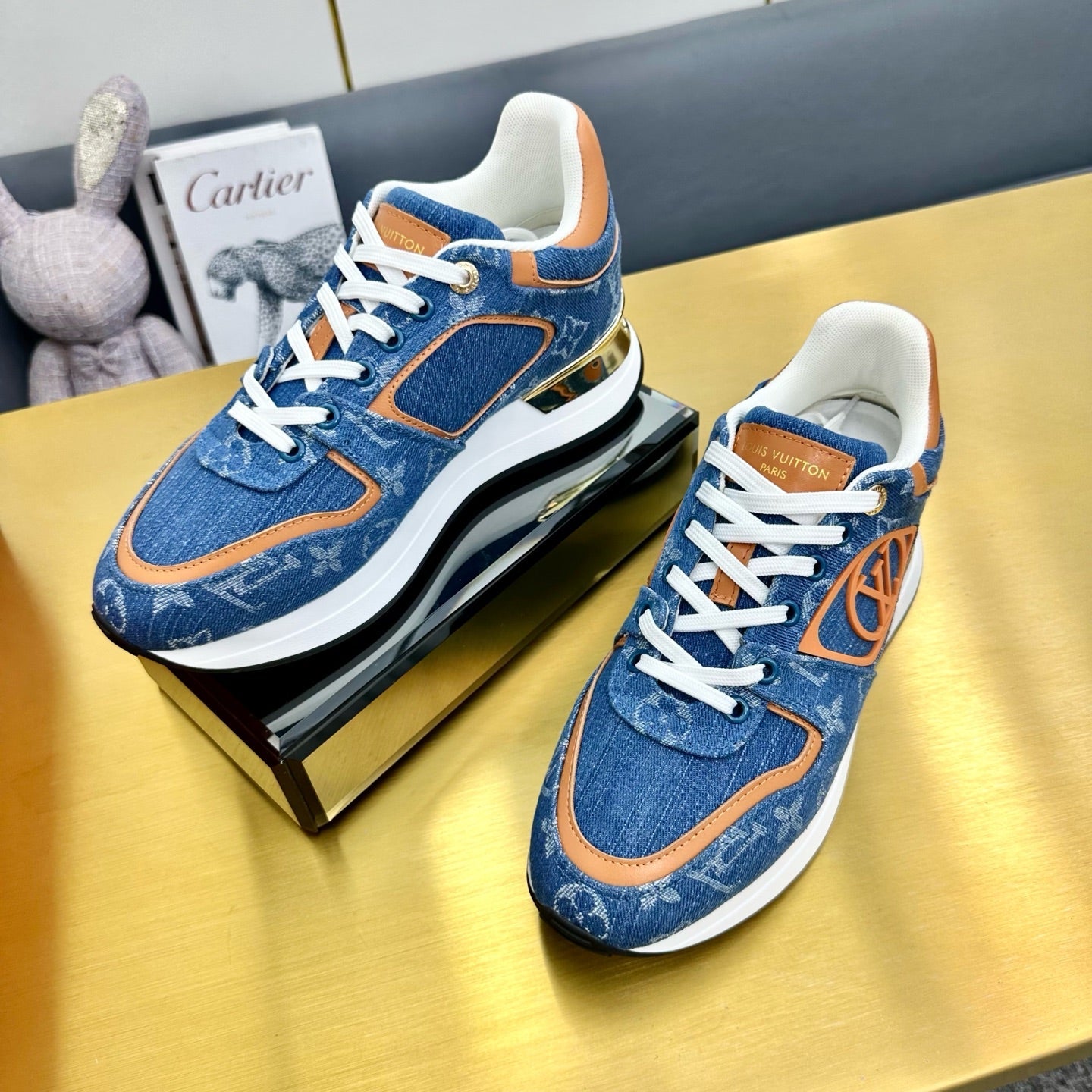 NEO RUN AWAY SNEAKER IN CLASSIC BLUE MONOGRAM DENIM AND ORANGE CALFSKIN、mysite、Cacoeks