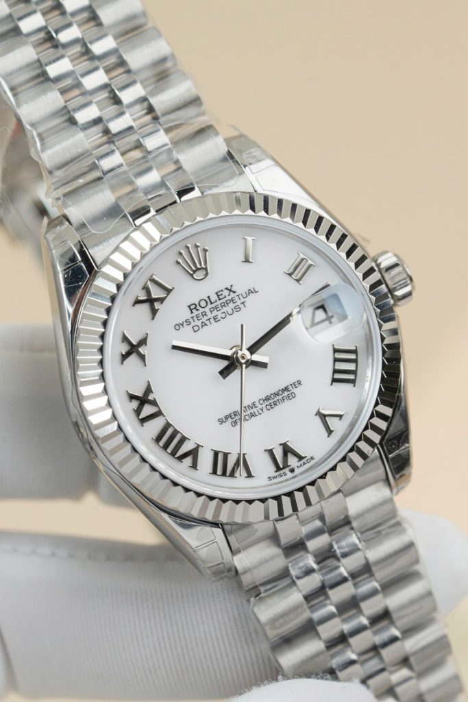Đồng Hồ Rolex DateJust Lady Fake 11 Mặt Trắng Cọc Số La Mã 31mm (2)
