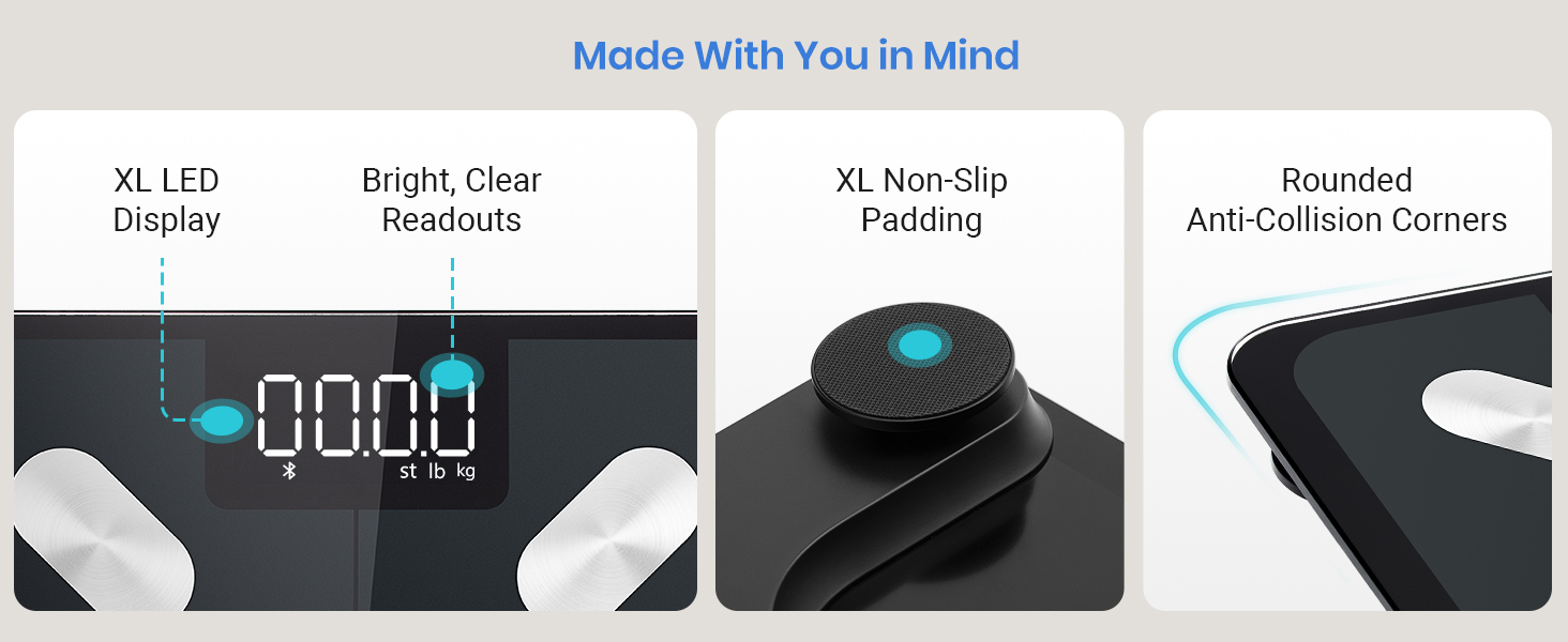 XL LED display, bright clear readouts, XL non-slip padding and rounded anti-collision corners