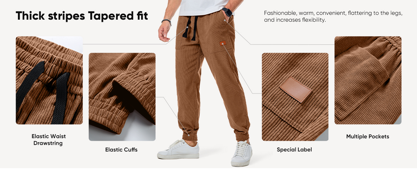 JMIERR Mens Corduroy Joggers Pants Casual Cargo Pants Drawstring Elastic Waist Baggy Tapered pants