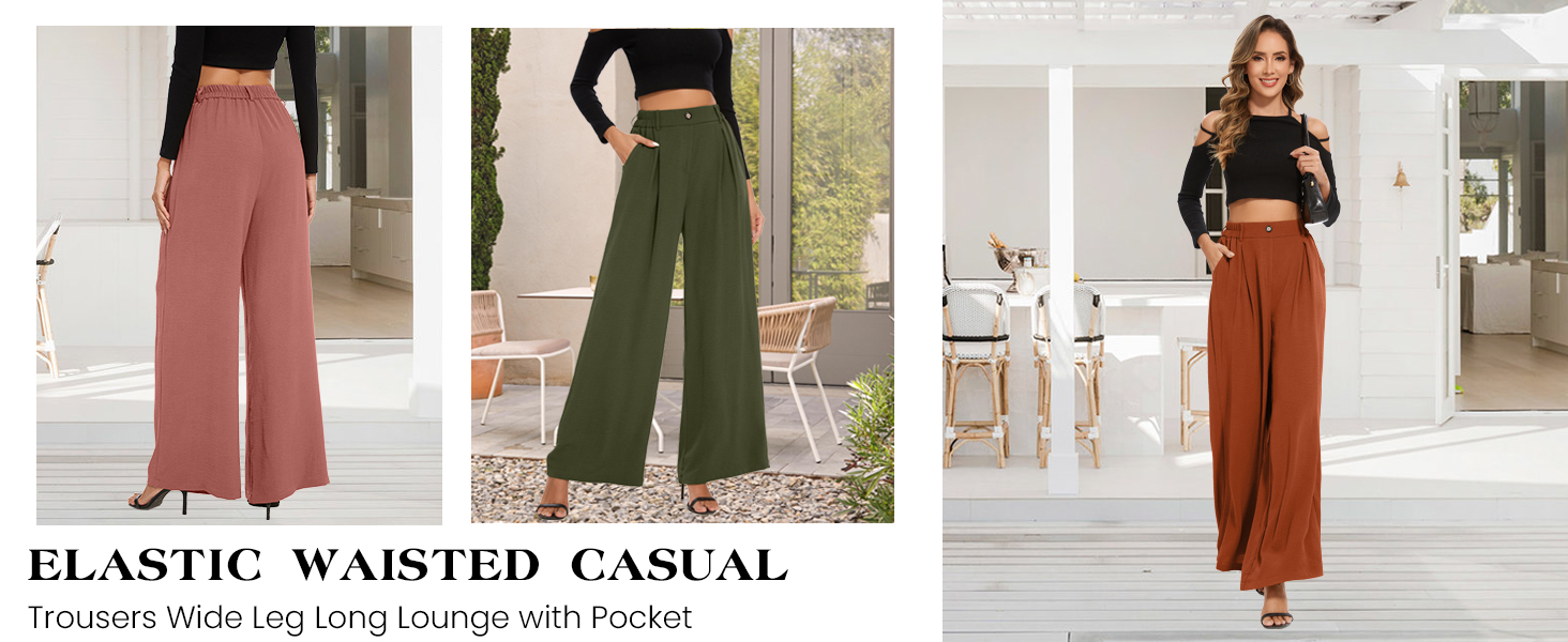 FUNYYZO Women Palazzo Pants High Elastic Waisted Casual Trousers Wide Leg Long Lounge with Pocket