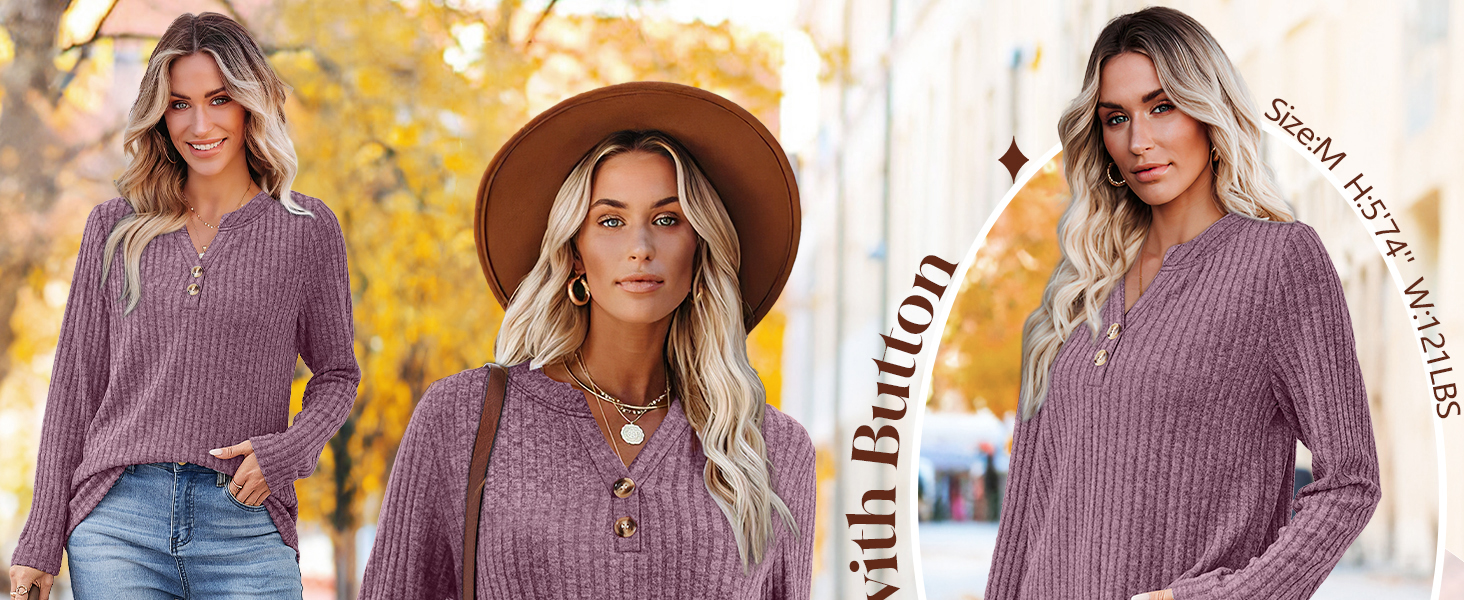 Triptych photo of mauve ribbed knit sweater with v-neck styling and relaxed fit, shown from three angles against autumn background with falling yellow leaves.