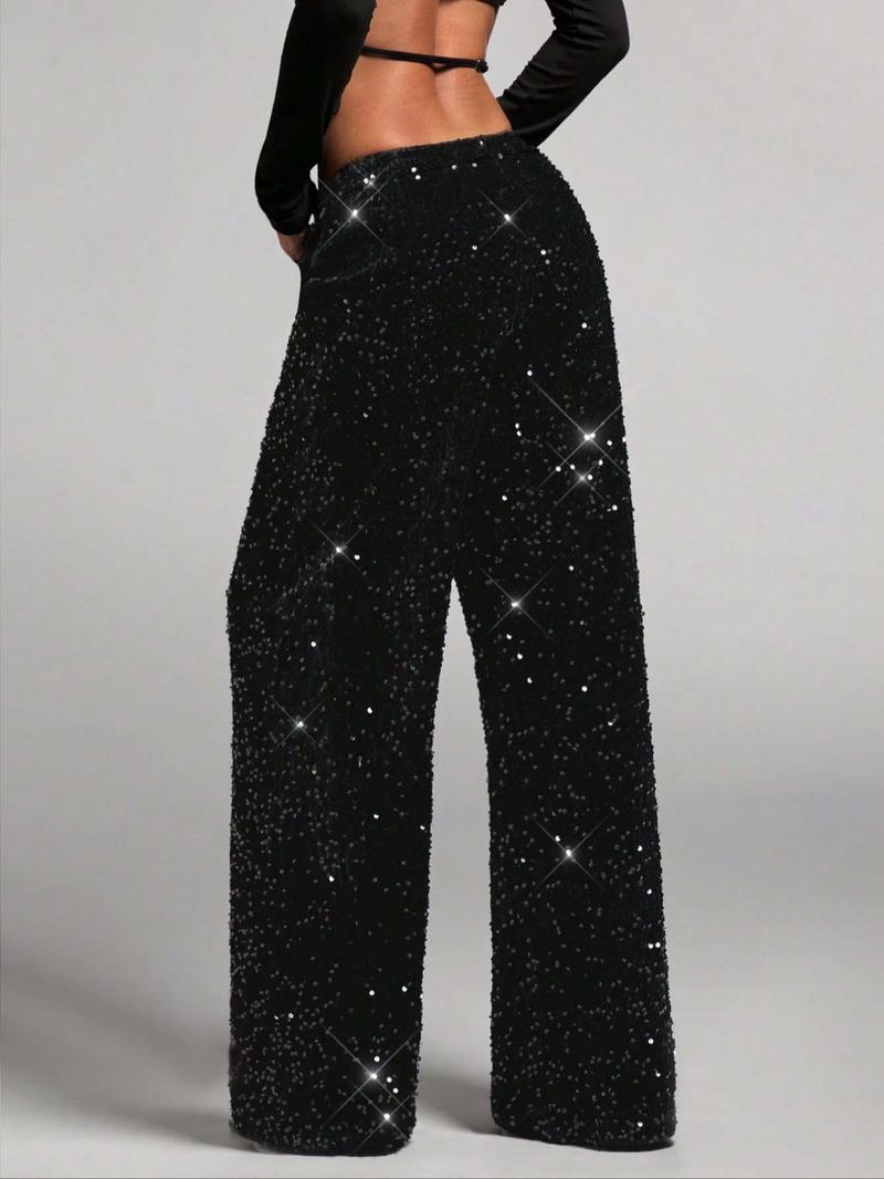 Women's Fashion Pants with Elastic Waistband, Bow Tie Design, Sequin Detailing, Stylish Long Trousers for Casual Wear