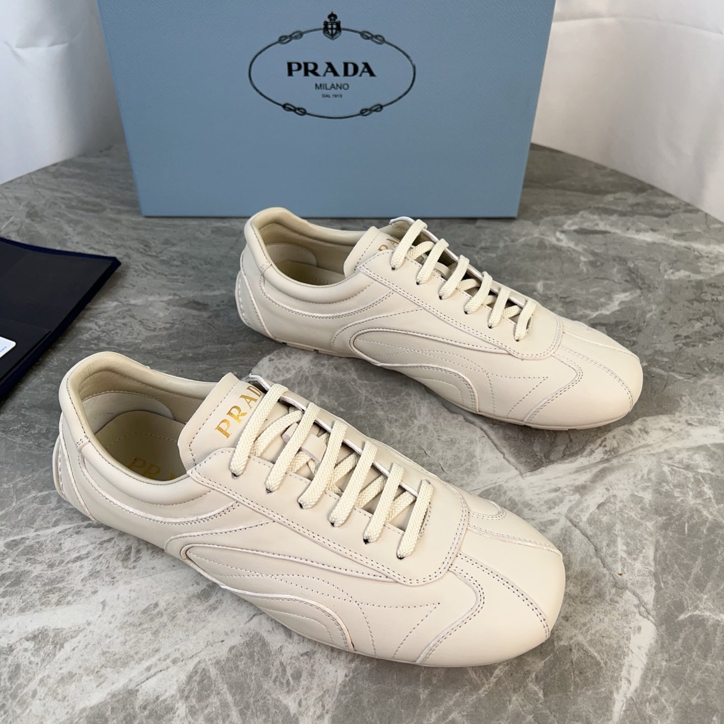 PRADA 25S MONTECARLO ANTIQUED SNEAKERS IN CHALK WHITE NAPPA LEATHER、mysite、Cacoeks