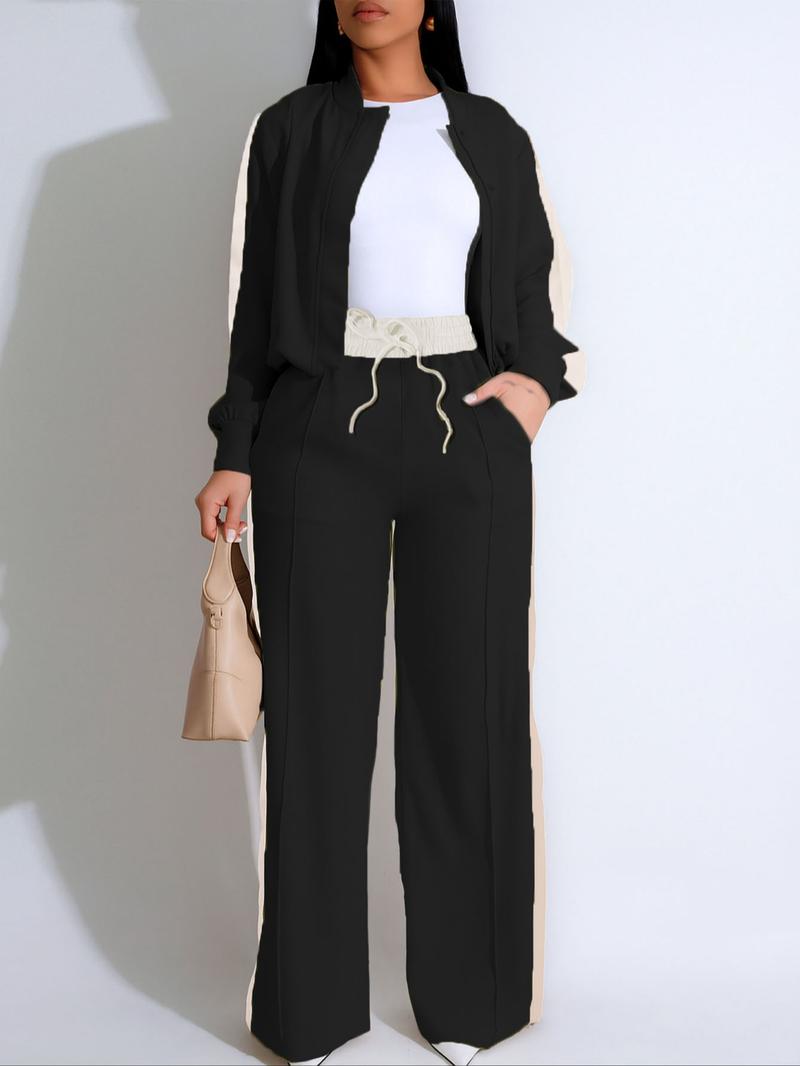 Two-piece Set Women's Patchwork  Top & Wide Leg Pants Set, Casual Long Sleeve  Outerwear & Pants for Daily Wear, Ladies Summer Clothes