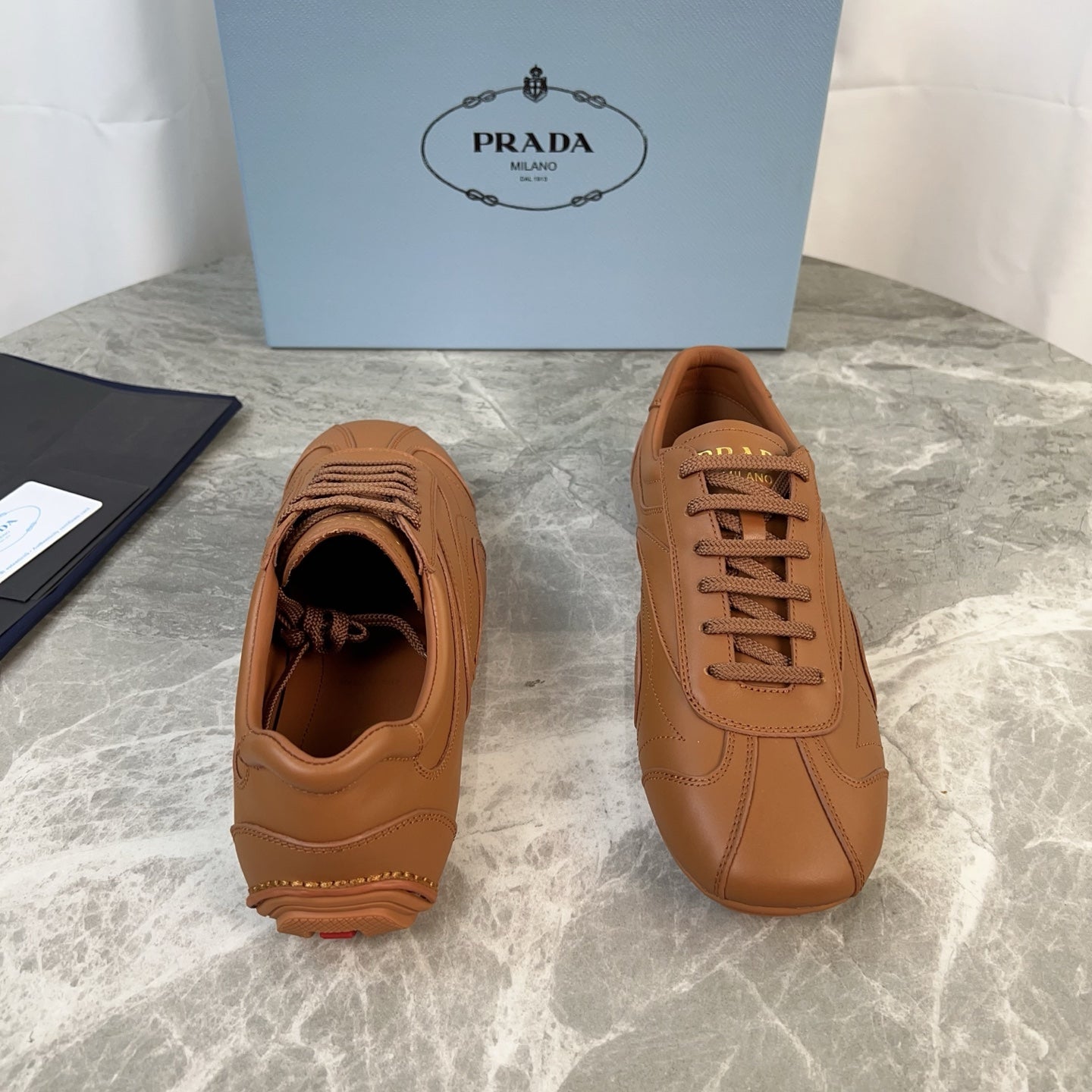 PRADA 25S MONTECARLO ANTIQUED SNEAKERS IN CARAMEL NAPPA LEATHER、mysite、Cacoeks
