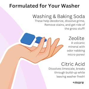 Washing machine cleaner contains washing and baking soda, zeolite, and citric acid. 