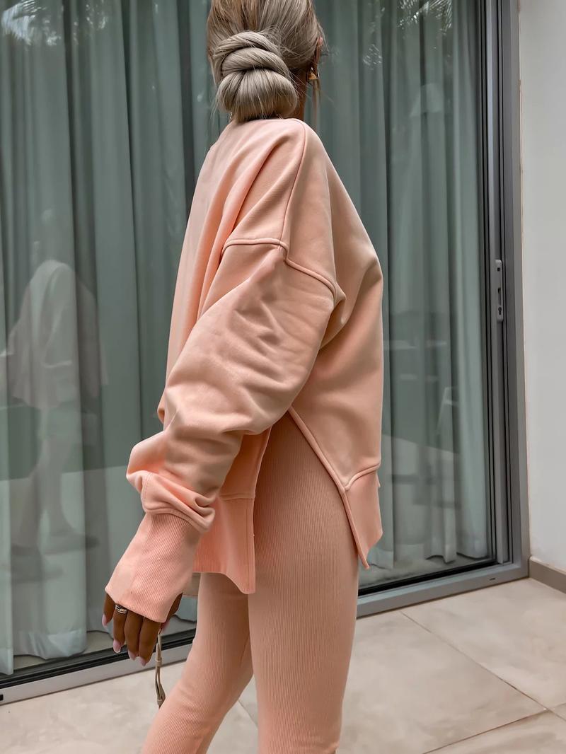 Oversize Two-Piece Set Women's  Split Hem Sweatshirt & Skinny Pants, Casual Fashion Cozy Round Neck Long Sleeve Pullover Women's Clothing for Fall & Basic Winter  Suits Womenswear Gamis