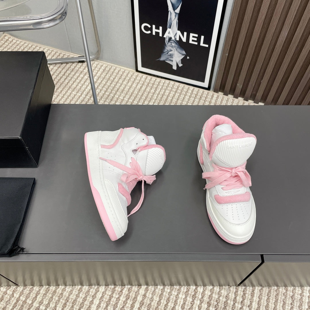 HIGH-TOP SNEAKERS IN WHITE MIX BABY PINK CALFSKIN、mysite、Cacoeks
