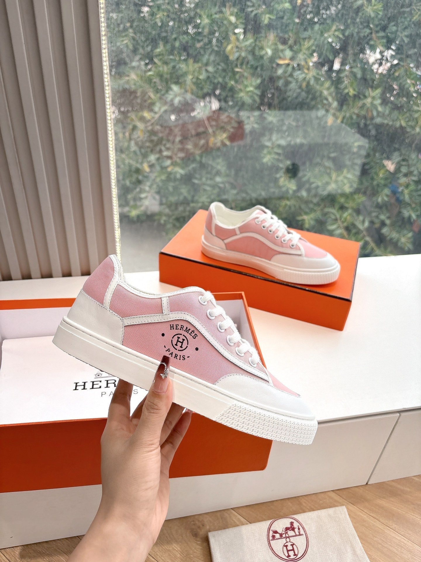 GET SNEAKER IN ROSE PINK MAXI CANVAS AND WHITE CALFSKIN、mysite、Cacoeks