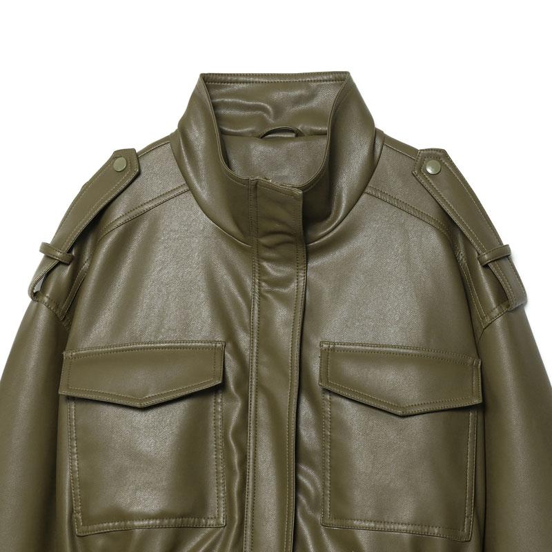 Women's Olive Green Faux Leather Bomber Moto Jacket with Stand Collar and Flap Pockets, Short Layered Streetwear Outerwear