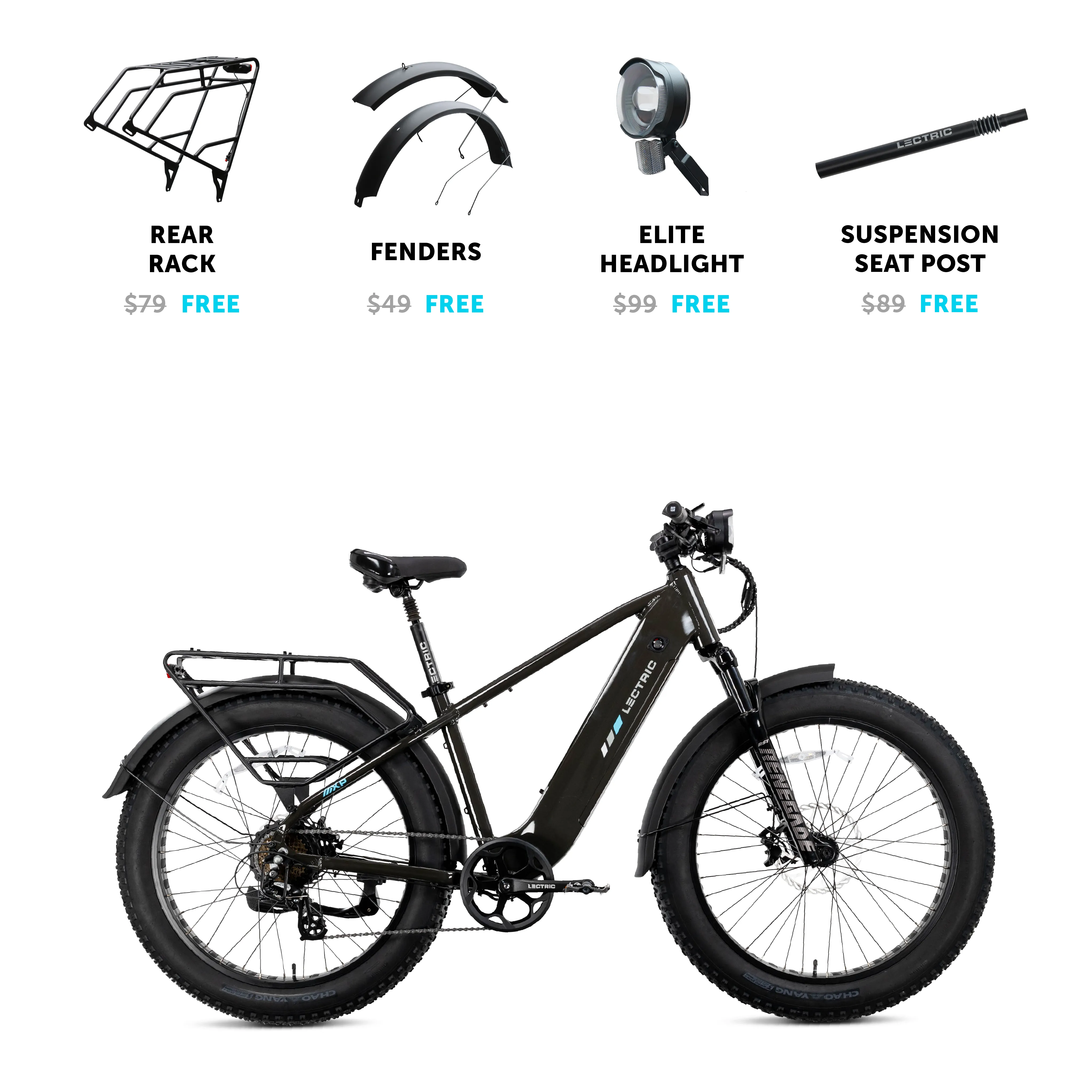 XPeak High-Step 2.0 Long-Range + FREE Rear Rack, Fenders, Elite Headlight, Suspension Seat Post ($316 Value)、mySite、bearsvspackers