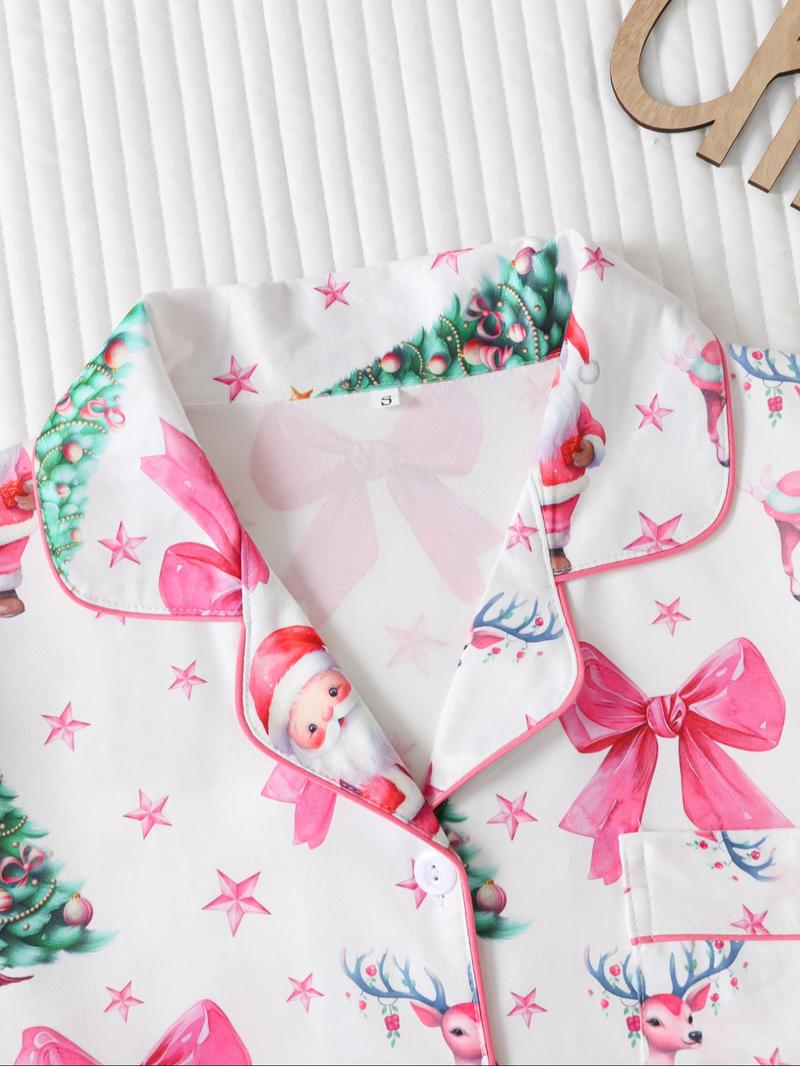 Two-piece Set Women's Christmas Print Button Front Pocket Shirt & Elastic Waist Pants Pyjama, Casual Comfy Long Sleeve Collared Top & Trousers Pyjama Set, Women's Sleepwear for Spring & Fall