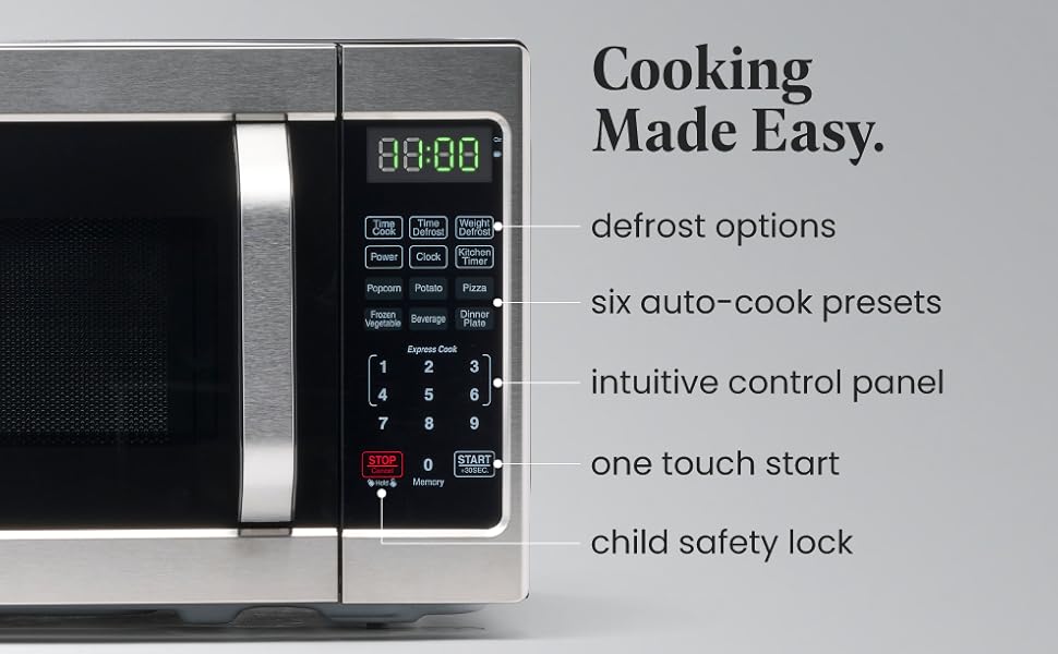 Cooking made easy: defrost options, six auto-cook presets, intuitive control panel, one touch start