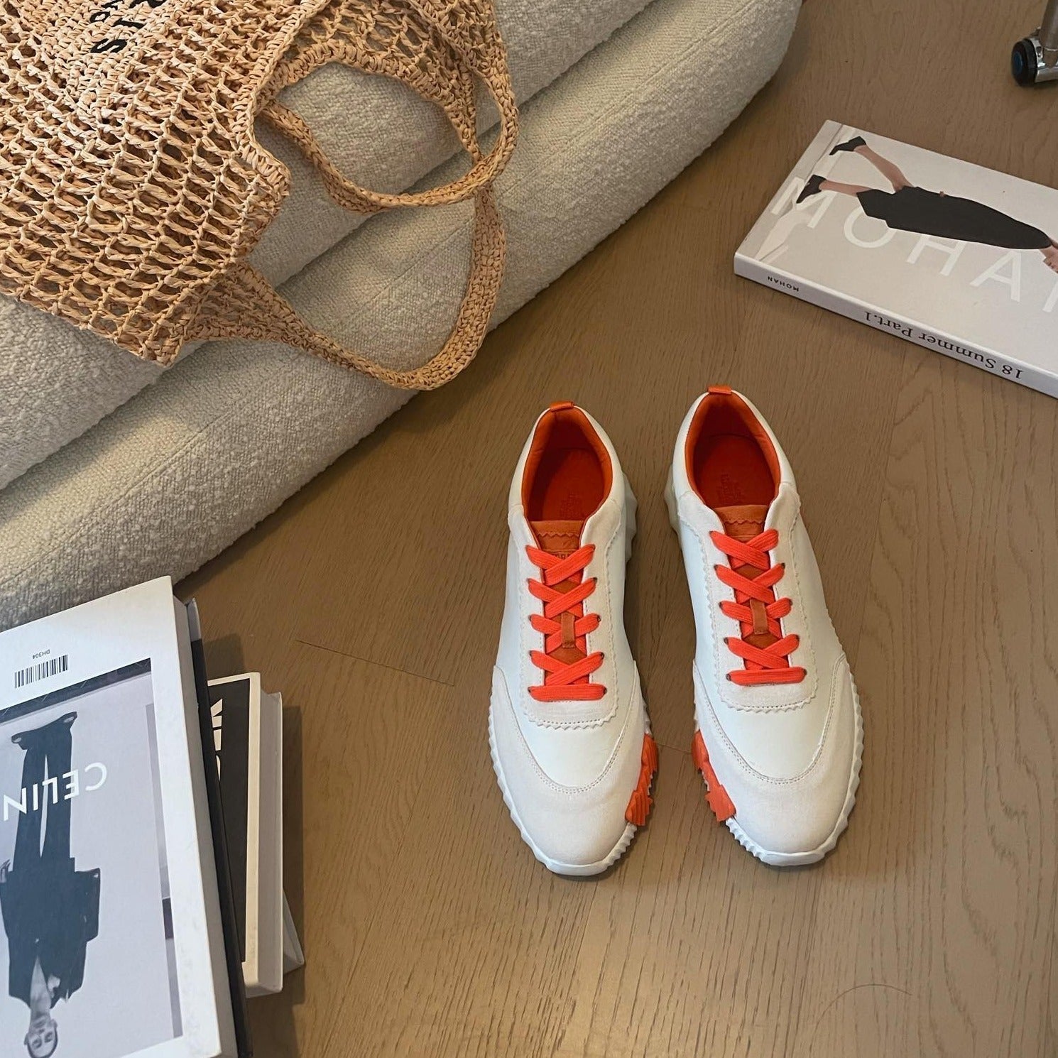 BOUNCING SNEAKERS WHITE CALFSKIN WITH ORANGE LACES、mysite、Cacoeks