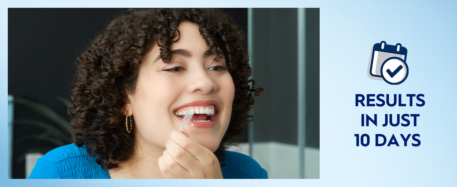 Woman smiles in mirror, removing a Crest 3DWhitestrip off her teeth. Reads: Results in just 10 days.