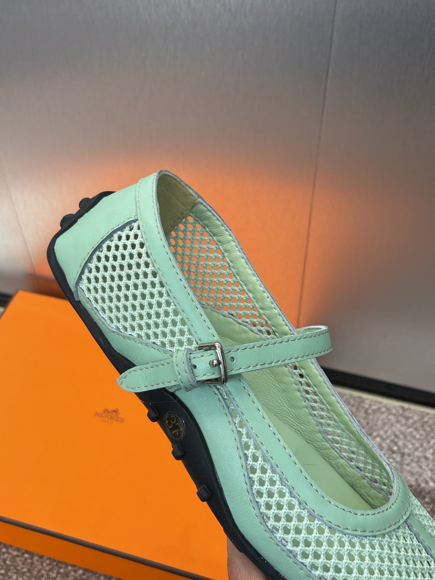 KICHU BALLET FLAT IN GREEN MINT CROCHET KNIT AND CALFSKIN、mysite、Cacoeks