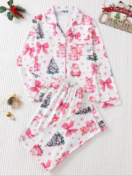 Women's Christmas Pajama Set, Santa Claus Print Long Sleeve Sleepwear, Lightweight Button-Up Top & Pants, Casual Fitted Nightgown Women's Christmas Pajama Set, Santa Claus Print Long Sleeve Sleepwear, Lightweight Button-Up Top & Pants, Casual Fitted Nightgown