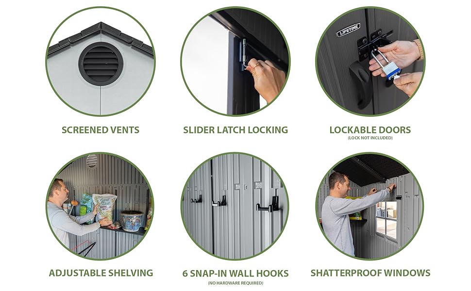 vents, latch locking, lockable doors, shelf, wall hooks, windows