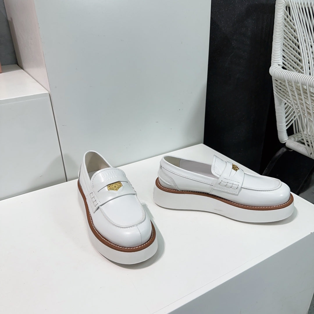 Thick-Soled Loafers Shoes White Cowhide、mysite、Cacoeks
