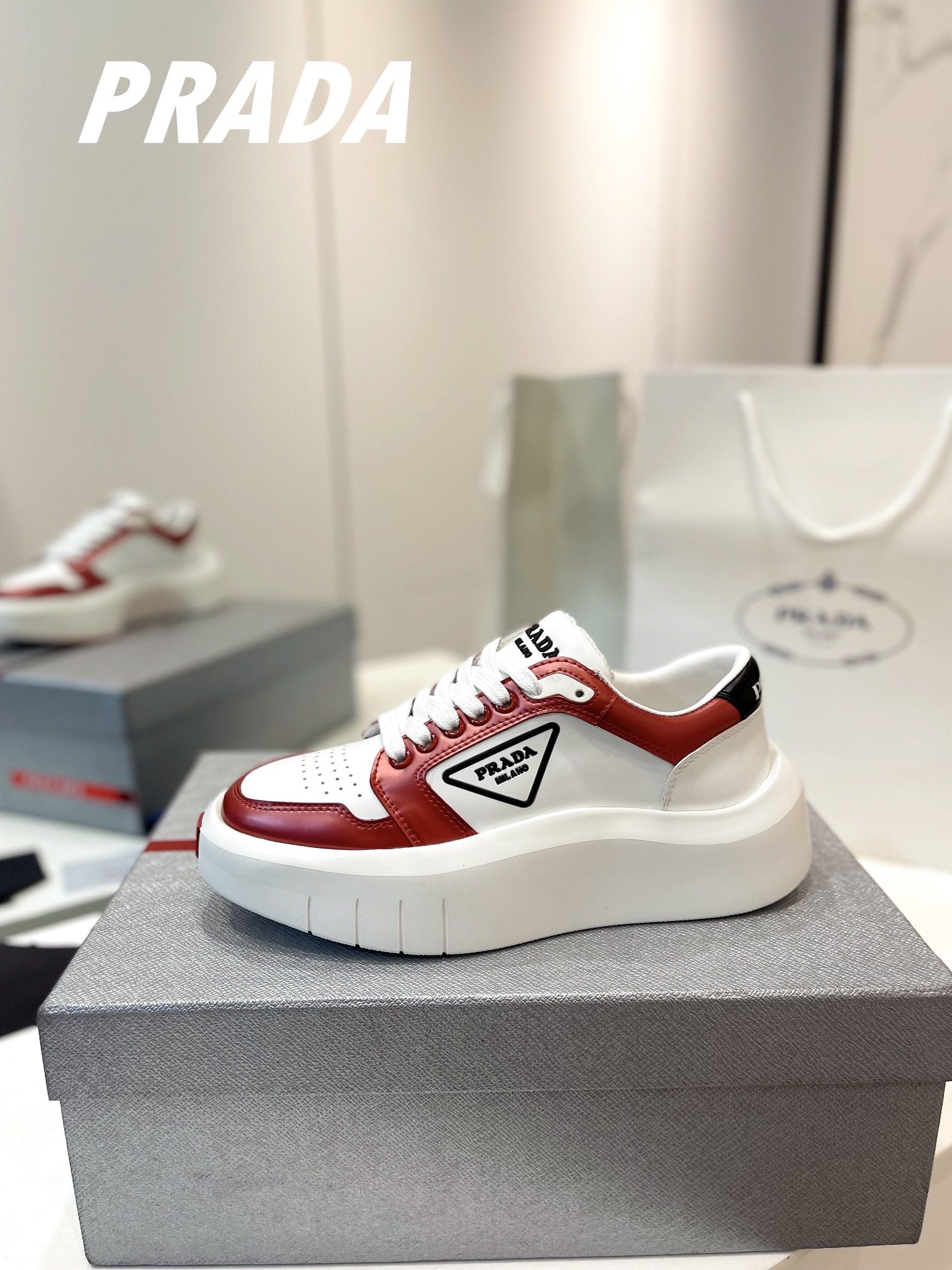 PRA DOWNTOWN THICK-SOLE SNEAKERS WHITE AND CHERRY CALFSKIN、mysite、Cacoeks