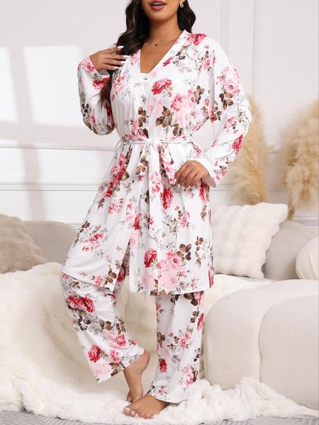【Plus Size】 Three-Piece Set Floral Print Belted Lounge Robe & Cami Top & Elastic Waist Pants Pyjama Set, Elegant Comfy Drop Shoulder Long Sleeve Robe & Sleeveless Top & Bow Decor Trousers PJ Set, Women's Sleepwear for Spring & Fall, Pajamas